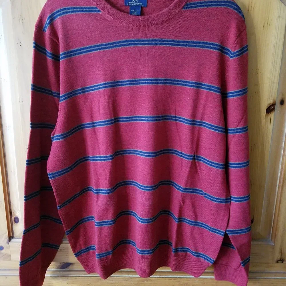 Brooks Brothers Sweater Mens Large 346 Red Stripe Pullover Merino Knit Wool - Picture 2 of 5